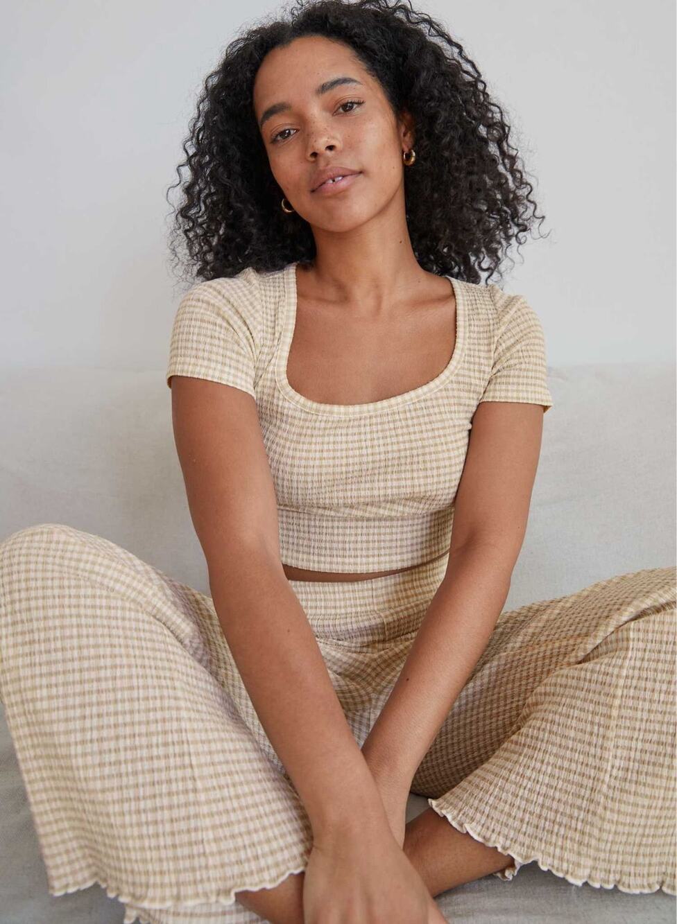 Aritzia Wilfred Yacht Tee Plaid Square Neck Crop Top Size S